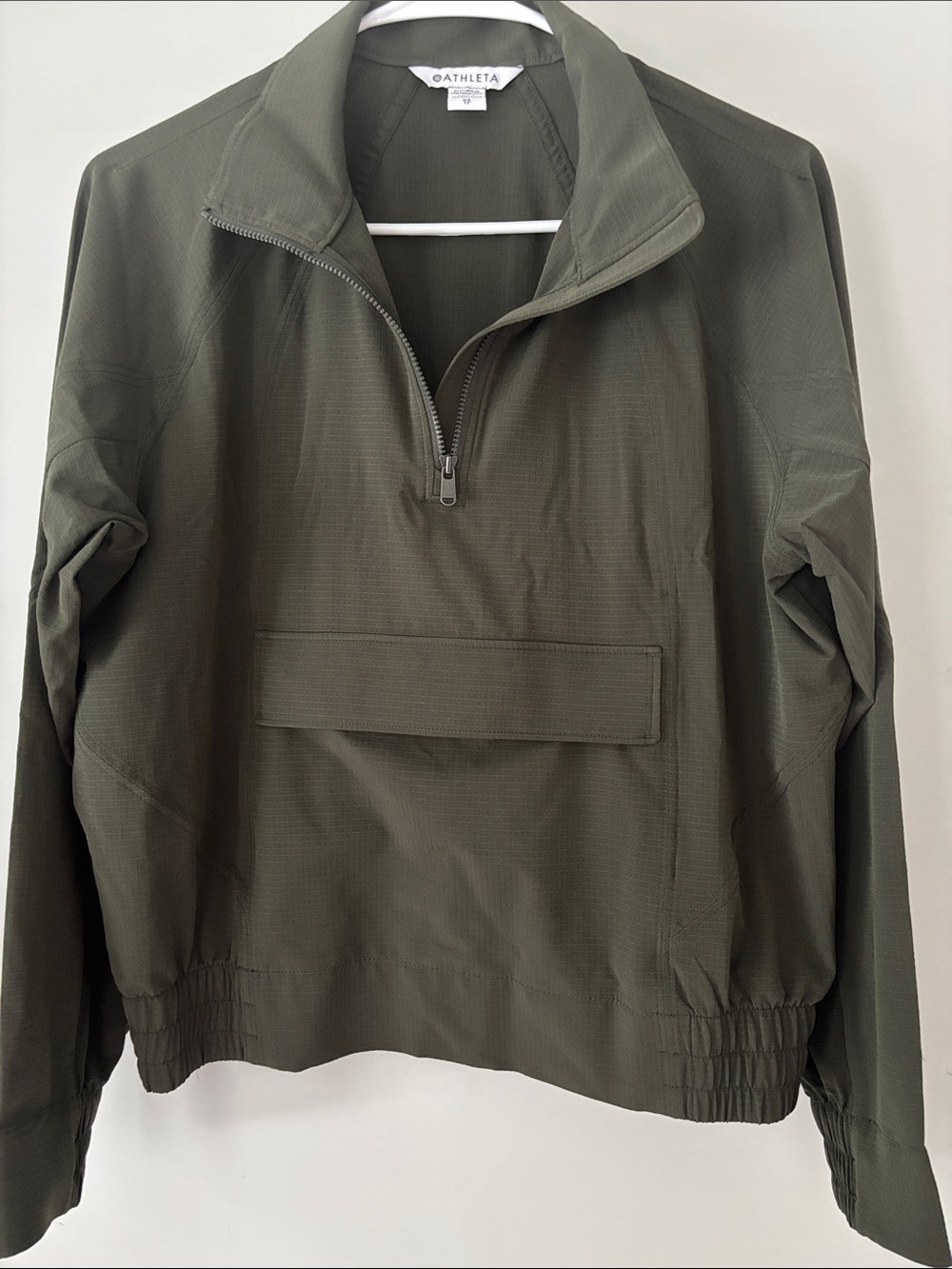 Athleta Boundless Popover 1/4 Zip Kangaroo Pocket Olive Green Jacket Sz XS